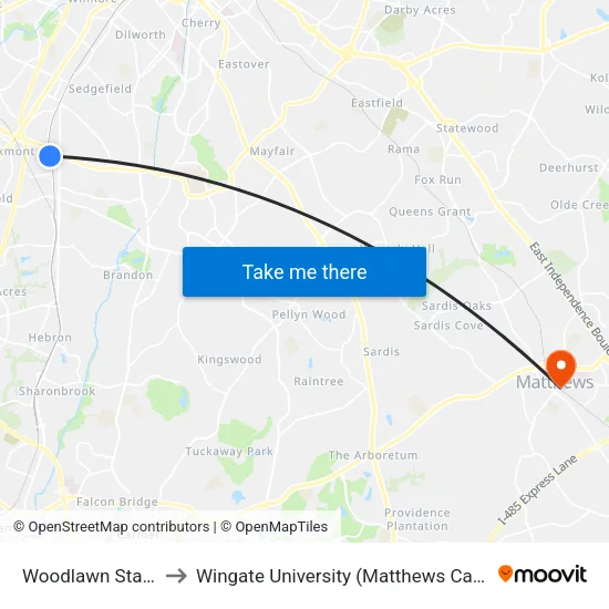 Woodlawn Station to Wingate University (Matthews  Campus) map