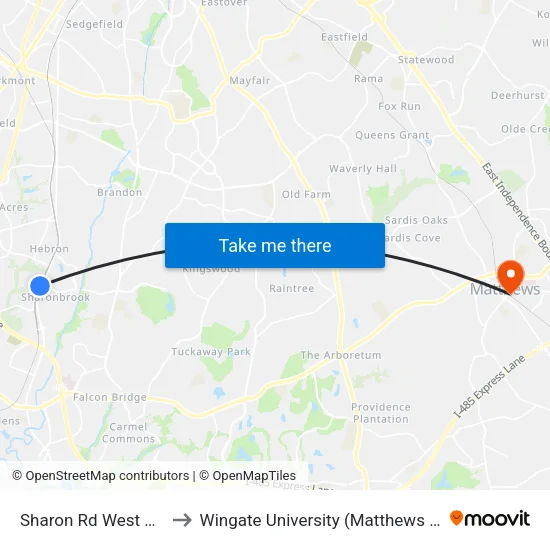 Sharon Rd West Station to Wingate University (Matthews  Campus) map