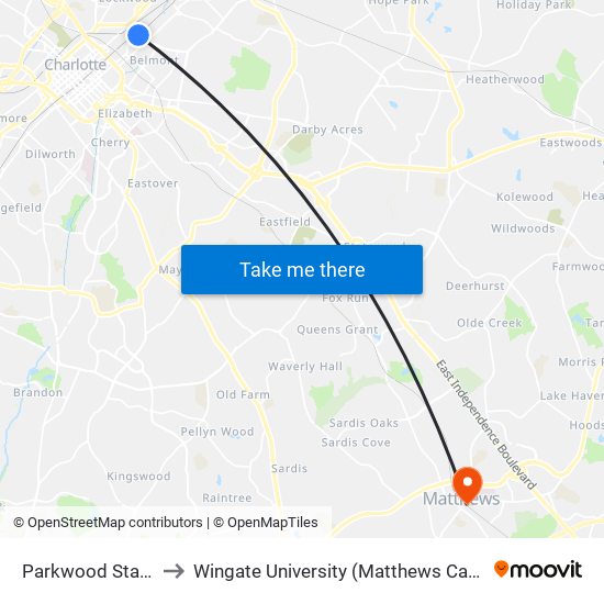 Parkwood Station to Wingate University (Matthews  Campus) map