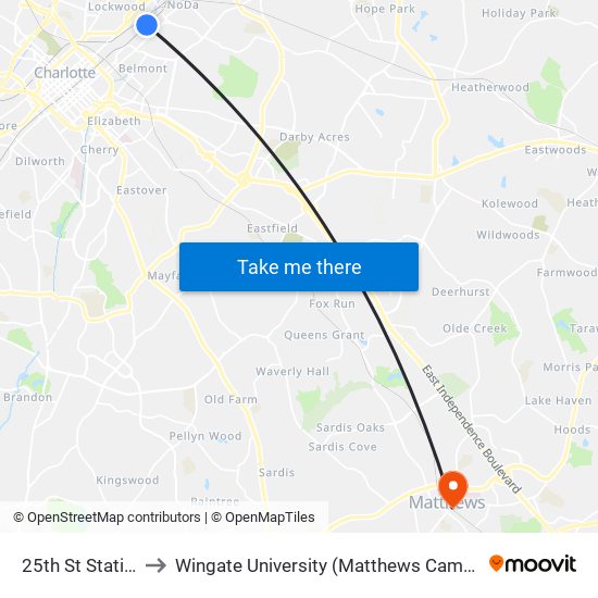 25th St Station to Wingate University (Matthews  Campus) map