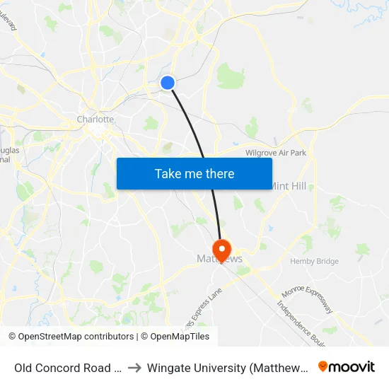 Old Concord Road Station to Wingate University (Matthews  Campus) map