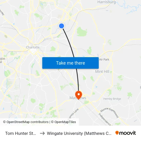 Tom Hunter Station to Wingate University (Matthews  Campus) map