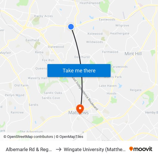 Albemarle Rd & Regal Oaks Dr to Wingate University (Matthews  Campus) map