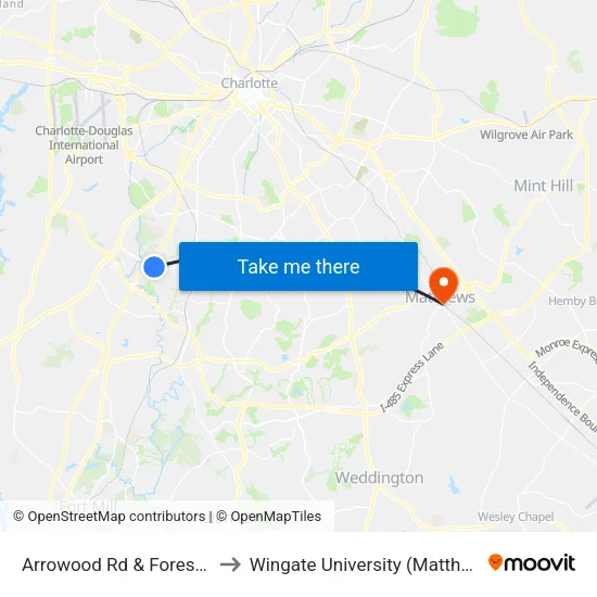 Arrowood Rd & Forest Point Blvd to Wingate University (Matthews  Campus) map