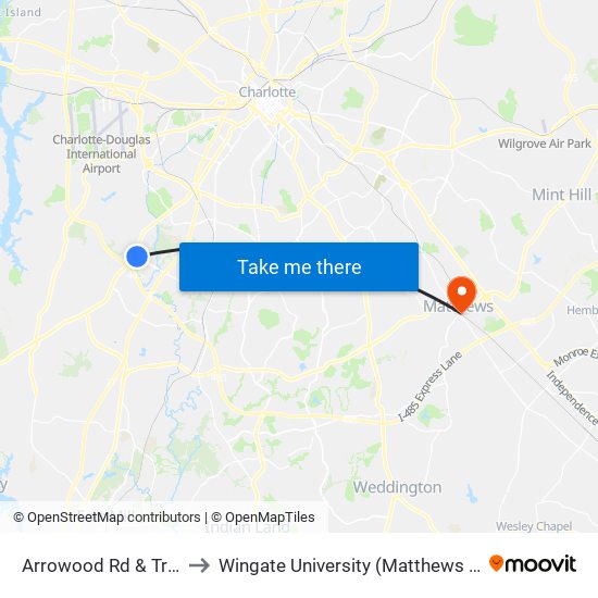 Arrowood Rd & Tryon St to Wingate University (Matthews  Campus) map