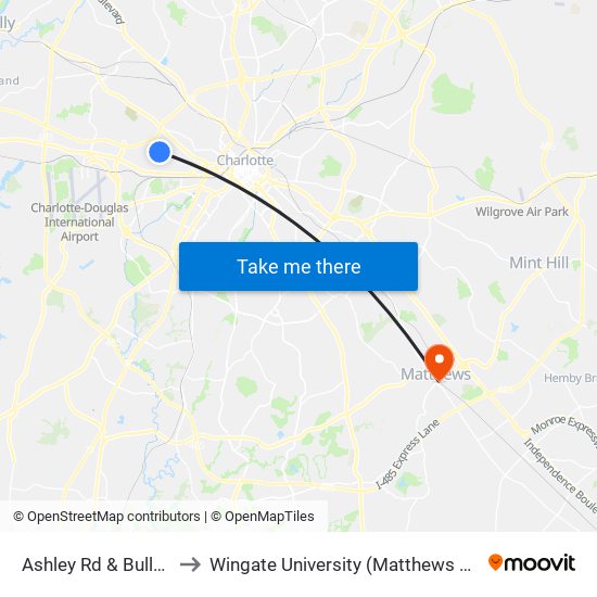 Ashley Rd & Bullard St to Wingate University (Matthews  Campus) map