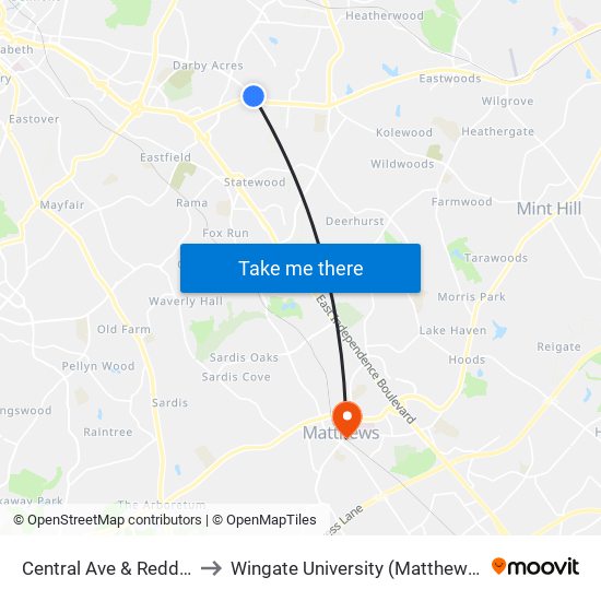 Central Ave & Reddman Rd to Wingate University (Matthews  Campus) map