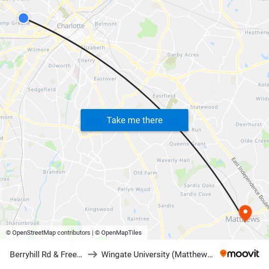 Berryhill Rd & Freedom Dr to Wingate University (Matthews  Campus) map