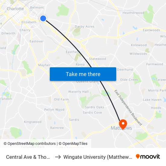 Central Ave & Thomas Ave to Wingate University (Matthews  Campus) map