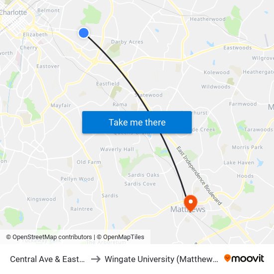 Central Ave & Eastcrest Dr to Wingate University (Matthews  Campus) map