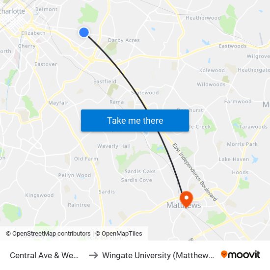 Central Ave & Wembley Dr to Wingate University (Matthews  Campus) map