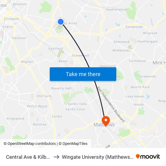 Central Ave & Kilborne Dr to Wingate University (Matthews  Campus) map