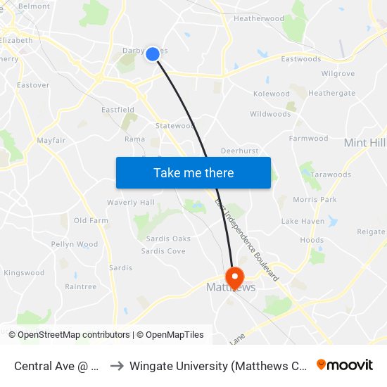 Central Ave @ 4908 to Wingate University (Matthews  Campus) map