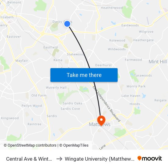 Central Ave & Winterfield Pl to Wingate University (Matthews  Campus) map