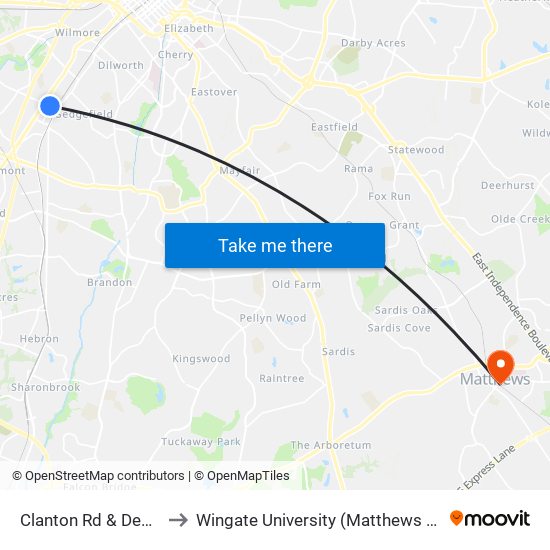 Clanton Rd & Dewitt Ln to Wingate University (Matthews  Campus) map