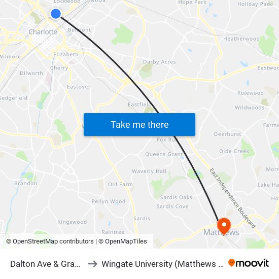 Dalton Ave & Graham St to Wingate University (Matthews  Campus) map