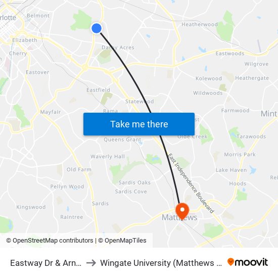 Eastway Dr & Arnold Dr to Wingate University (Matthews  Campus) map