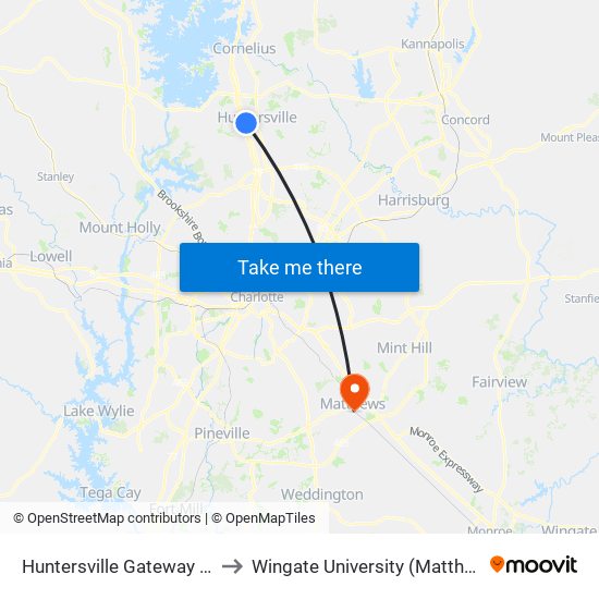 Huntersville Gateway Park & Ride to Wingate University (Matthews  Campus) map