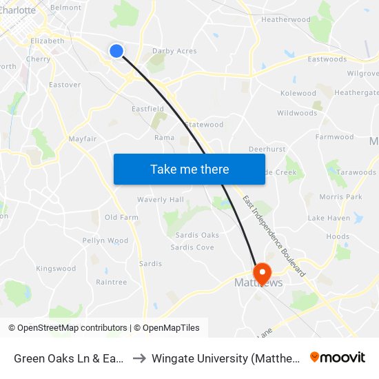 Green Oaks Ln & Eastcrest Dr to Wingate University (Matthews  Campus) map