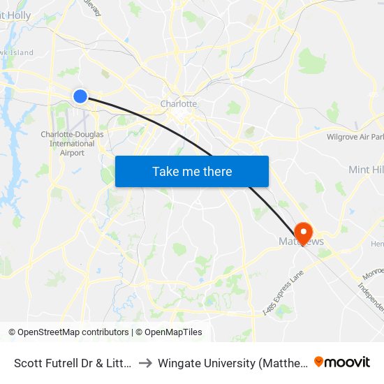 Scott Futrell Dr & Little Rock Rd to Wingate University (Matthews  Campus) map