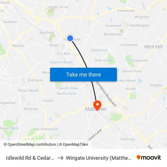 Idlewild Rd & Cedars East Ct to Wingate University (Matthews  Campus) map