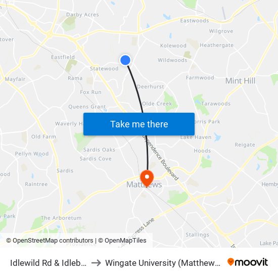 Idlewild Rd & Idlebrook Dr to Wingate University (Matthews  Campus) map