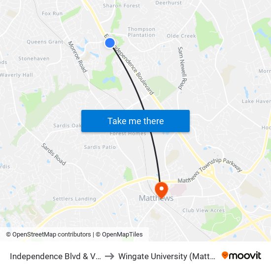 Independence Blvd & Village Lake Dr to Wingate University (Matthews  Campus) map