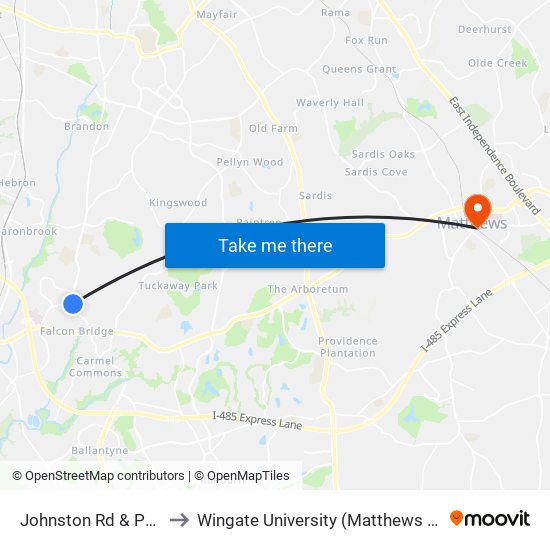 Johnston Rd & Park Rd to Wingate University (Matthews  Campus) map