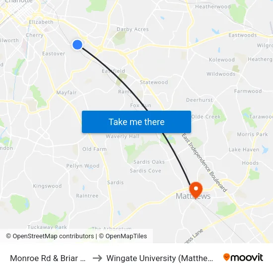 Monroe Rd & Briar Creek Rd to Wingate University (Matthews  Campus) map