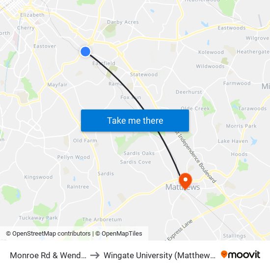 Monroe Rd & Wendover Rd to Wingate University (Matthews  Campus) map