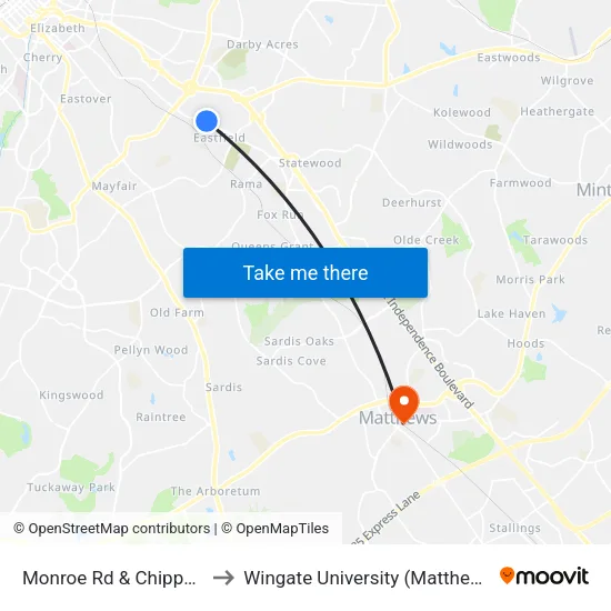 Monroe Rd & Chippendale Rd to Wingate University (Matthews  Campus) map