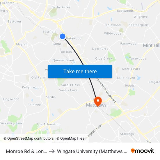 Monroe Rd & Long Ave to Wingate University (Matthews  Campus) map