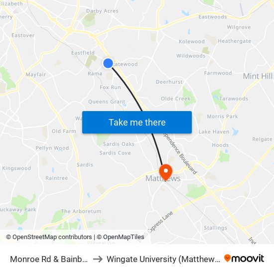 Monroe Rd & Bainbridge Rd to Wingate University (Matthews  Campus) map