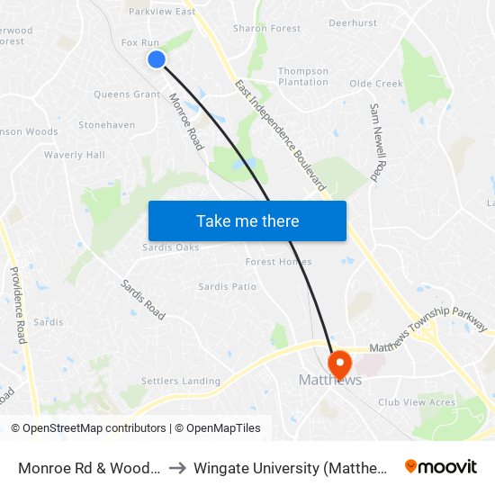 Monroe Rd & Woodberry Rd to Wingate University (Matthews  Campus) map