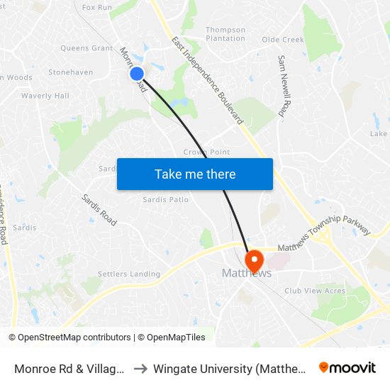 Monroe Rd & Village Lake Dr to Wingate University (Matthews  Campus) map