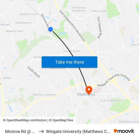 Monroe Rd @ 8539 to Wingate University (Matthews  Campus) map