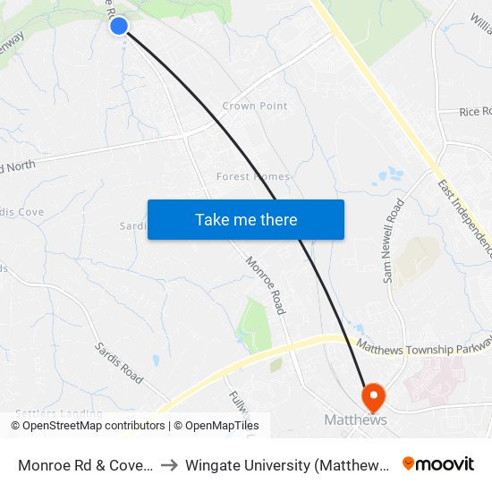 Monroe Rd & Covedale Dr to Wingate University (Matthews  Campus) map