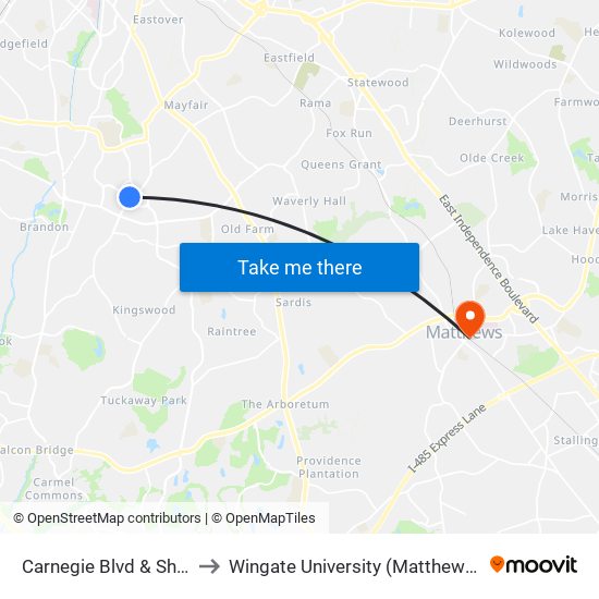 Carnegie Blvd & Sharon Rd to Wingate University (Matthews  Campus) map