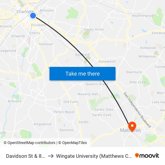 Davidson St & 8th St to Wingate University (Matthews  Campus) map