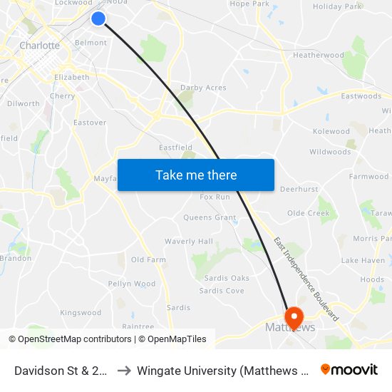 Davidson St & 26th St to Wingate University (Matthews  Campus) map