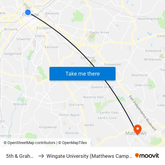 5th & Graham to Wingate University (Matthews  Campus) map