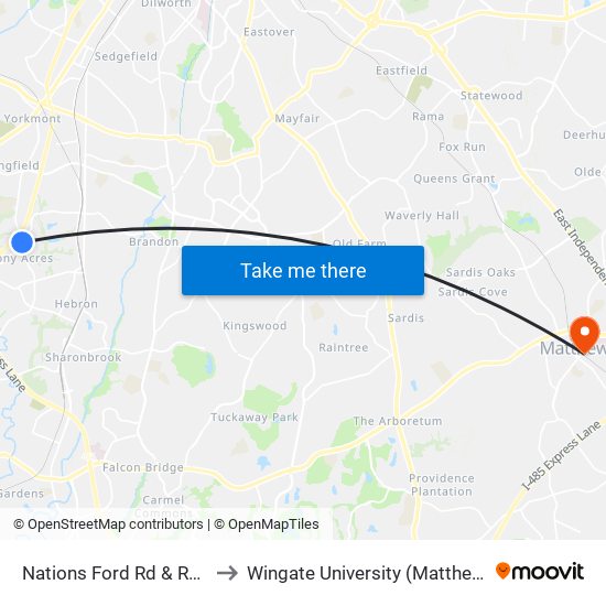 Nations Ford Rd & Red Roof Dr to Wingate University (Matthews  Campus) map