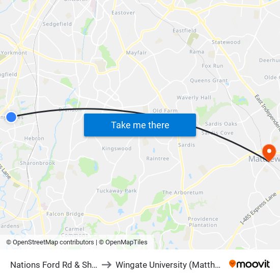 Nations Ford Rd & Short Hills Dr to Wingate University (Matthews  Campus) map