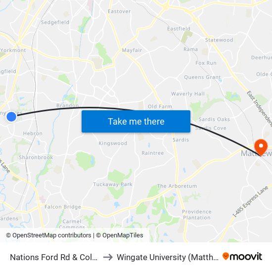 Nations Ford Rd & Colony Acres Dr to Wingate University (Matthews  Campus) map