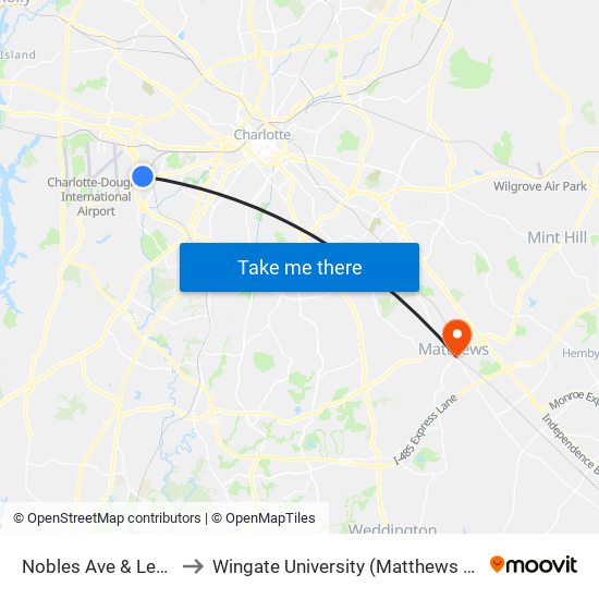 Nobles Ave & Leake St to Wingate University (Matthews  Campus) map