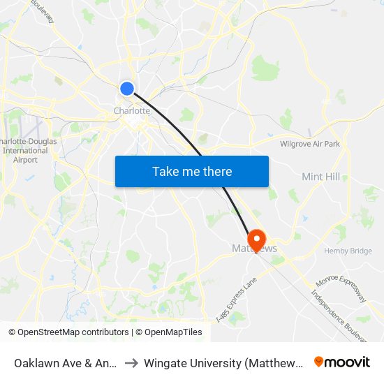 Oaklawn Ave & Andrill Ter to Wingate University (Matthews  Campus) map