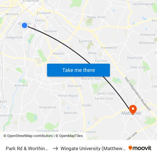 Park Rd & Worthington Ave to Wingate University (Matthews  Campus) map