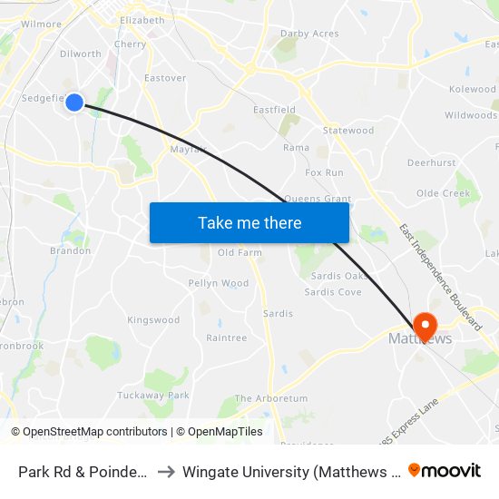 Park Rd & Poindexter Dr to Wingate University (Matthews  Campus) map