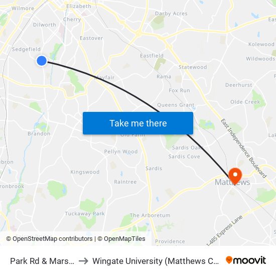 Park Rd & Marsh Rd to Wingate University (Matthews  Campus) map