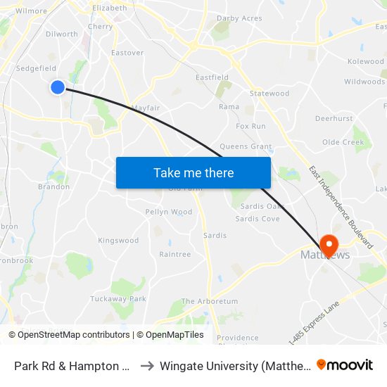 Park Rd & Hampton Gardens Ln to Wingate University (Matthews  Campus) map